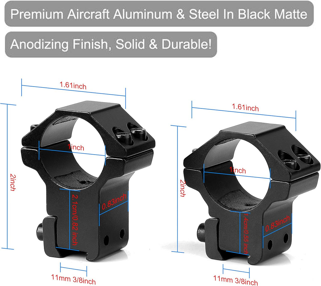 1'' Dovetail Scope Rings, 2 Pack High Profile or Medium Profile 1 Inch Scope Mount Rings for 11mm Dovetail Rails