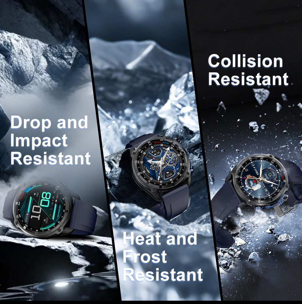 Blue rugged smart watch with round face partially submerged in splashing water