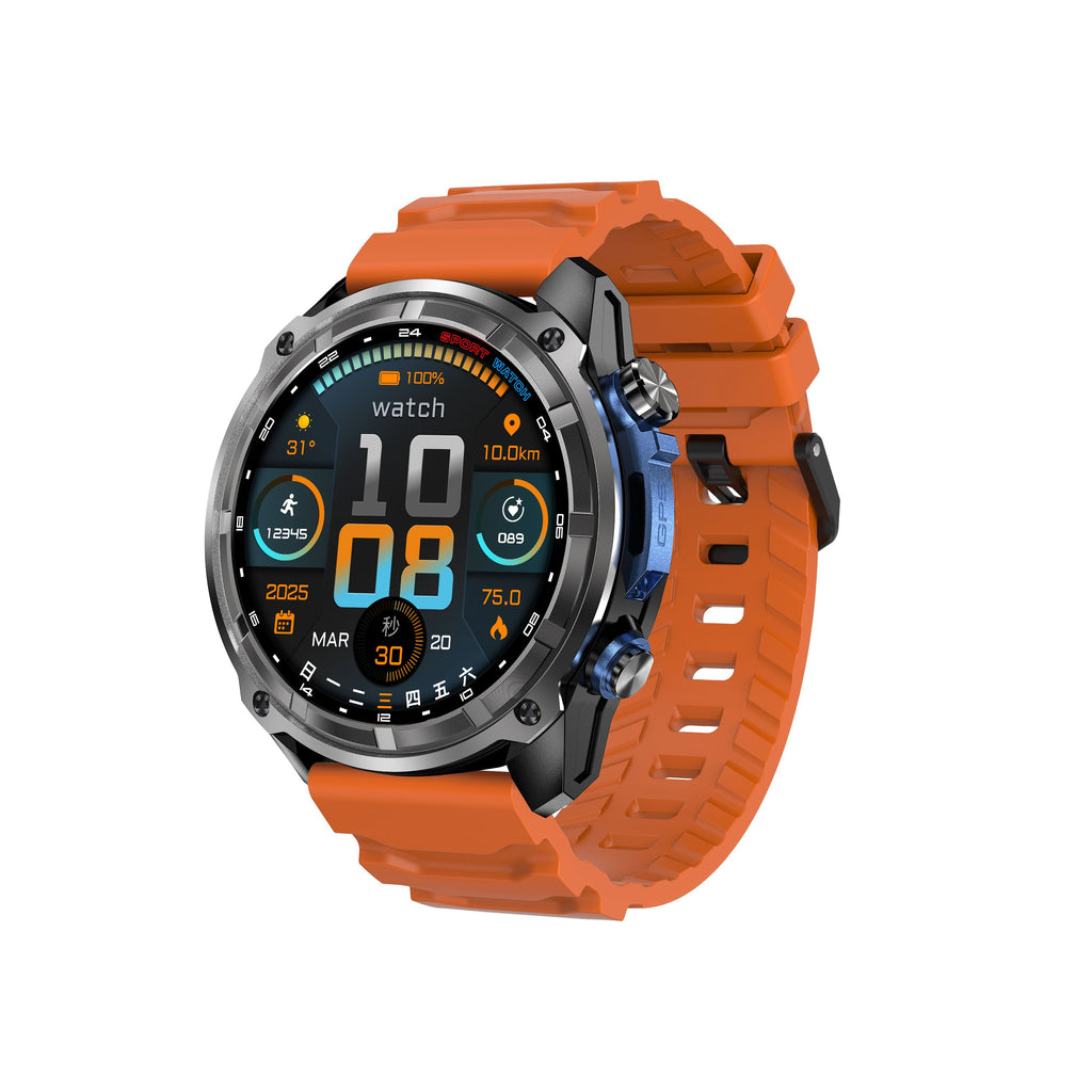 Orange rugged smartwatch with round display and black bezel