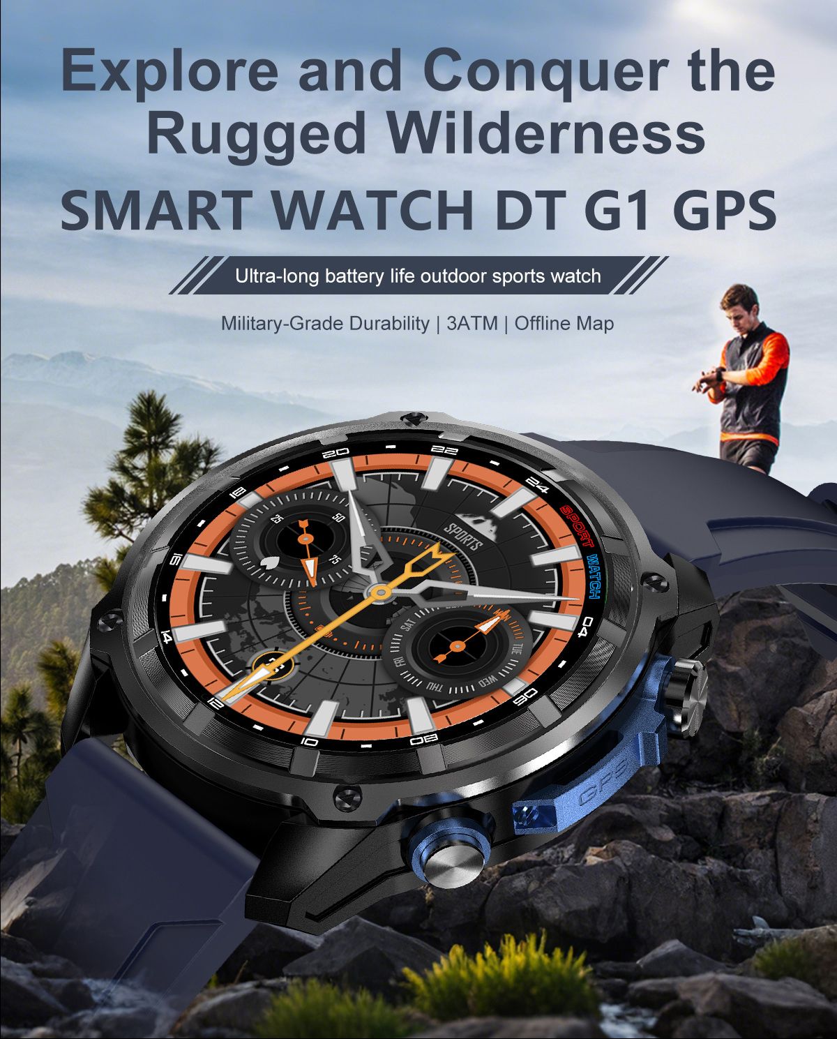 Rugged smartwatch with orange strap and round dark display