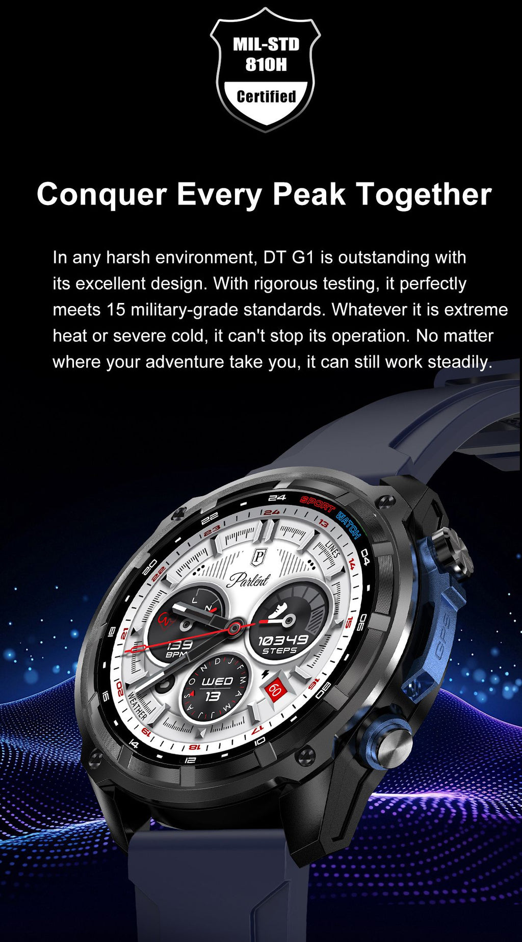 Rugged smartwatch with round white dial and dark case, on black strap