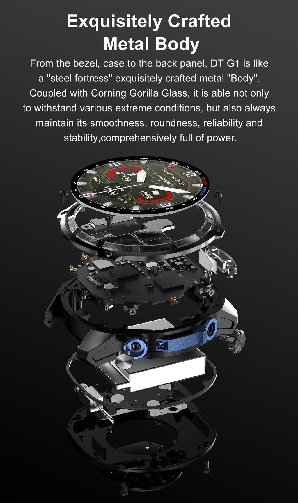 Black metal GPS smartwatch with round touch display and rugged case