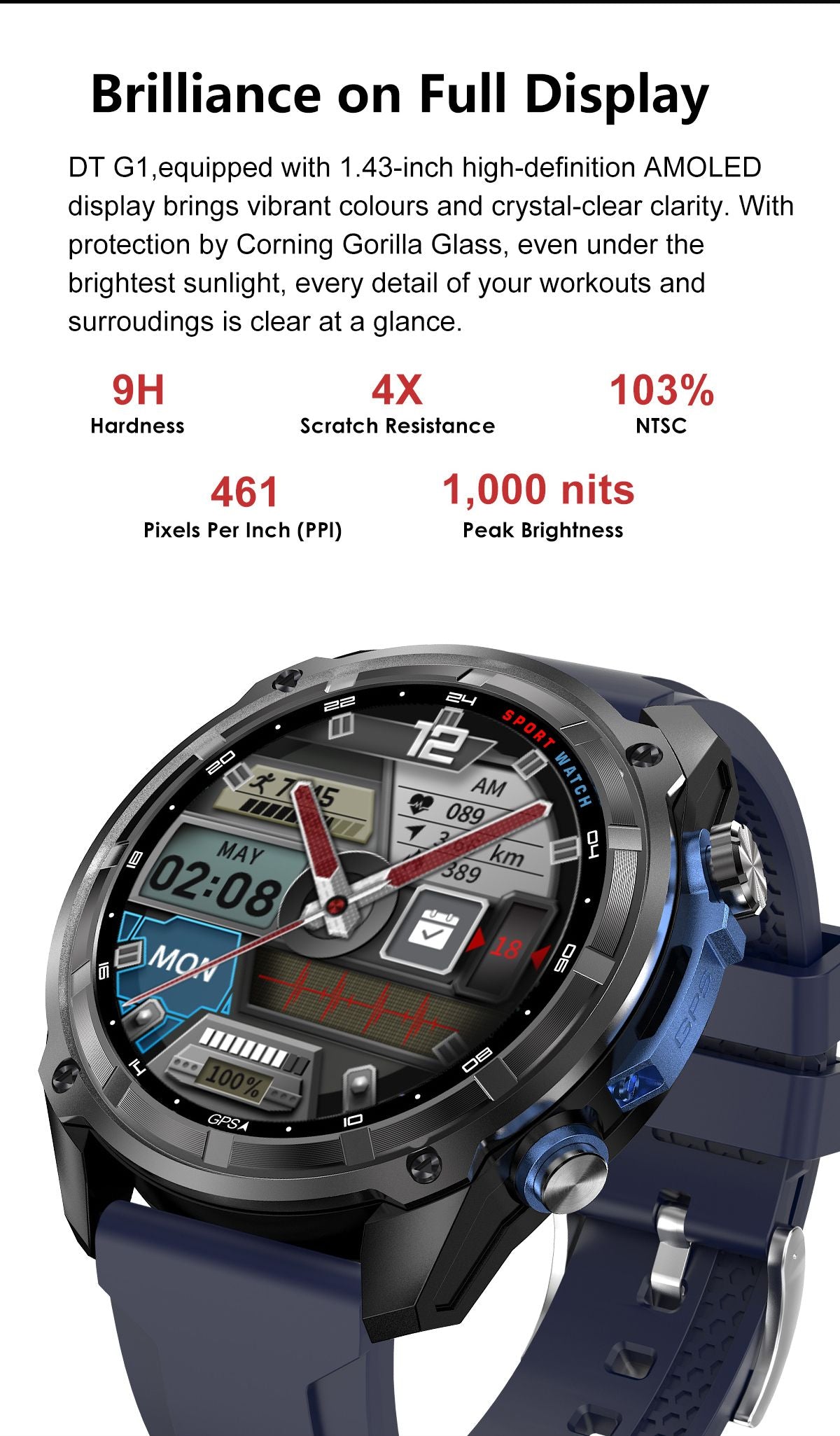 Dark round GPS smartwatch with blue sport strap and AMOLED touch screen