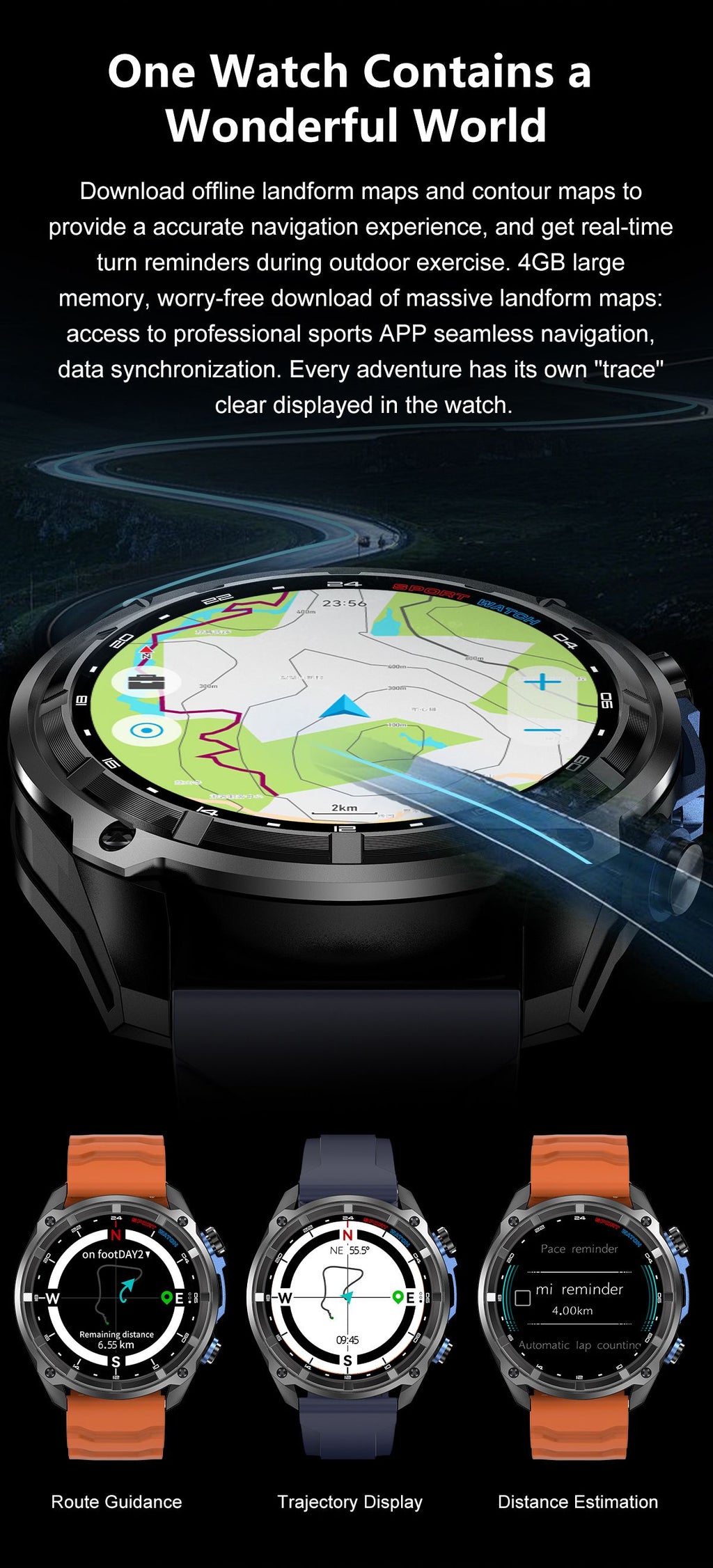 Triple GPS smartwatch view with orange and blue straps and map on round screens