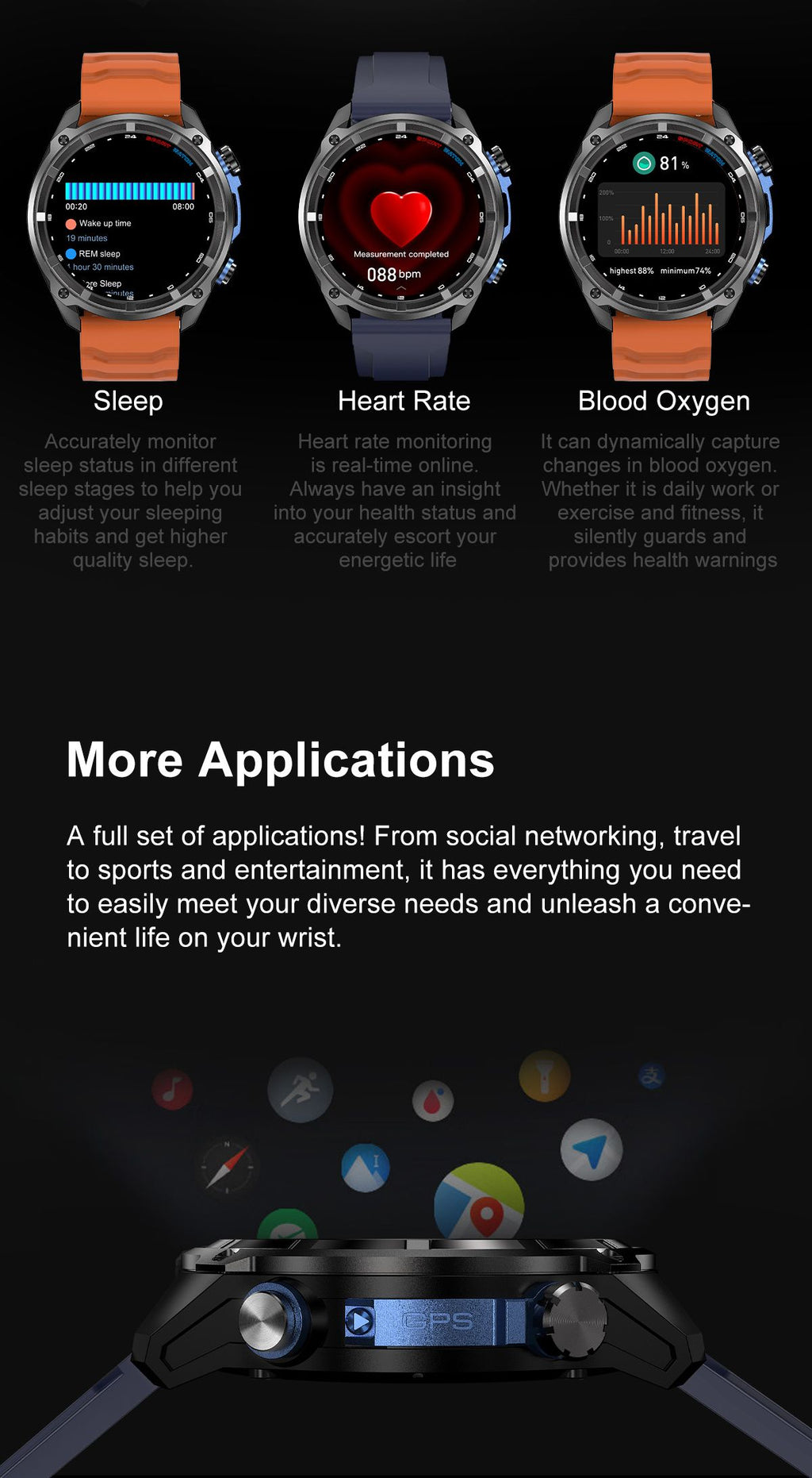 GPS smartwatch with round screen showing sleep, heart rate, and blood oxygen icons