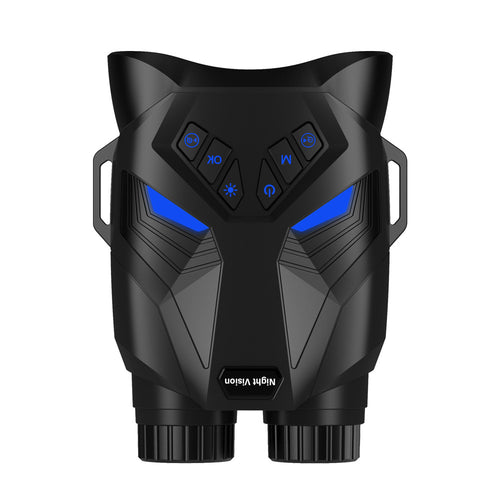 Black digital night vision binoculars with blue-lit control panel and dual lenses