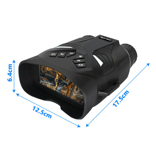 Black digital night vision binoculars, side view with large front eyecup and lens