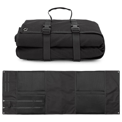 Rolled tactical shooting mat with carry handle and two side straps, black fabric
