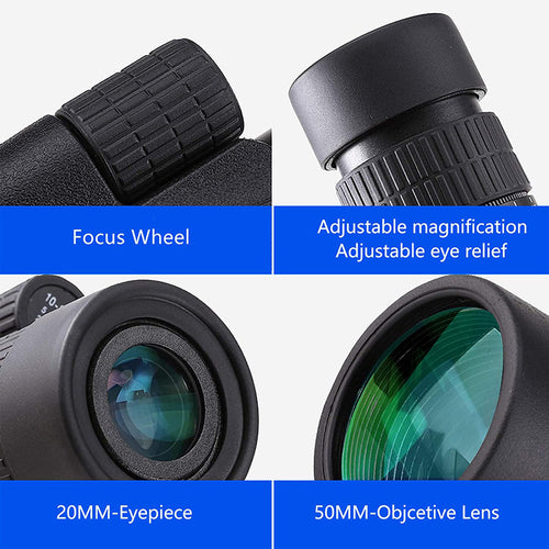 Black monocular telescope focus wheel and grip detail, adjustable eye relief eyepiece