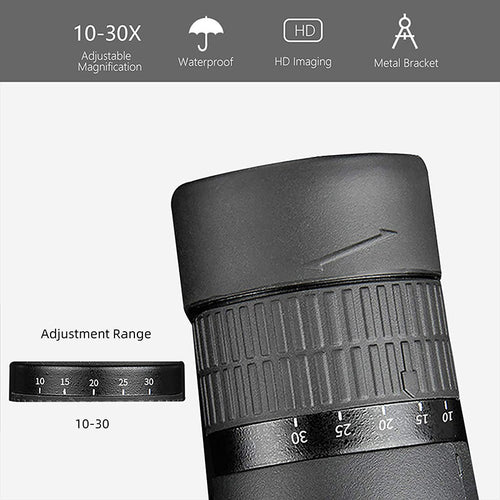 Black monocular telescope lens and eyepiece close-up with 20mm eyepiece and 50mm objective