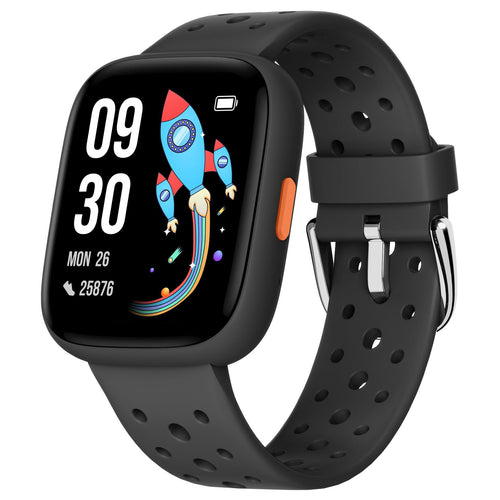Kids smart watch with black case, dark display, and black silicone strap.