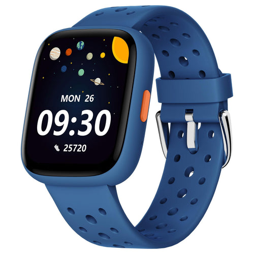 Kids smart watch with dark blue screen and perforated light-blue silicone strap.