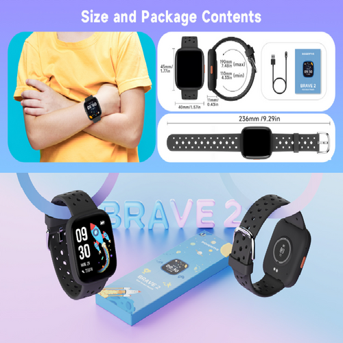 Kids smart watch with black display and black perforated silicone band.
