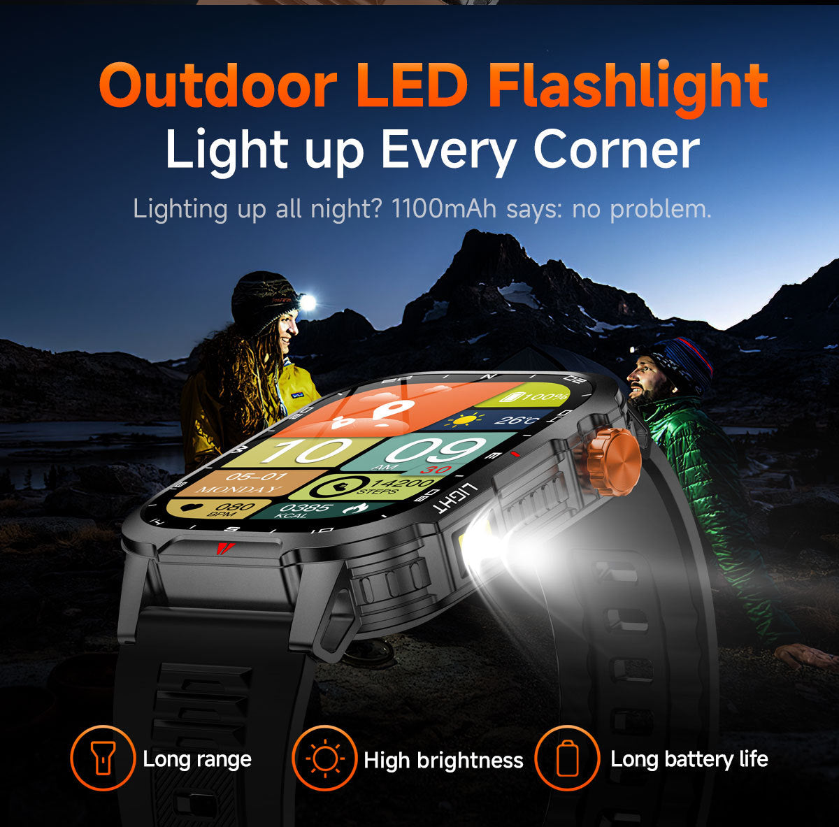 Rugged Outdoor Smart Watch for Men - 1100mAh Extra Long Battery with LED Flashlight & Compass - 2.01" HD Screen Bluetooth Calling IP68 Waterproof Fitness Tracker - Black