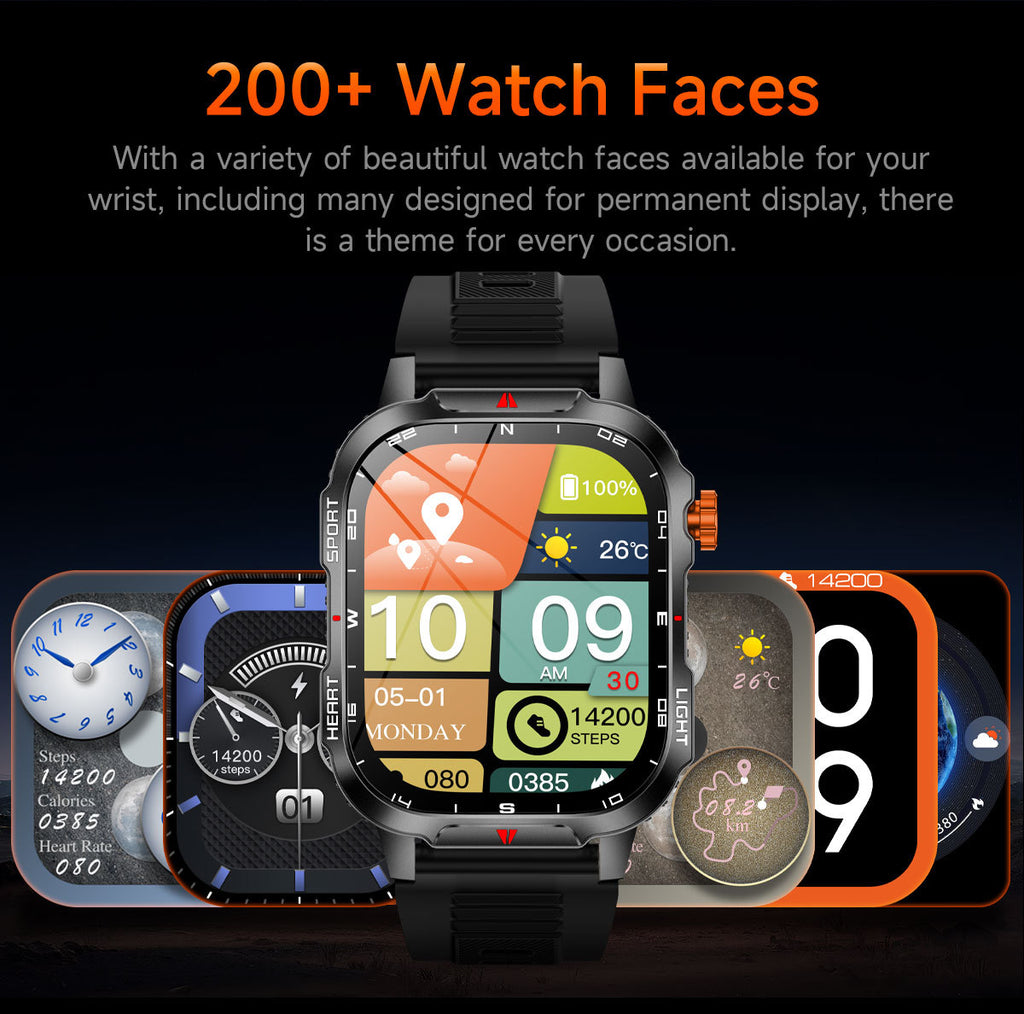 Rugged Outdoor Smart Watch for Men - 1100mAh Extra Long Battery with LED Flashlight & Compass - 2.01" HD Screen Bluetooth Calling IP68 Waterproof Fitness Tracker - Black