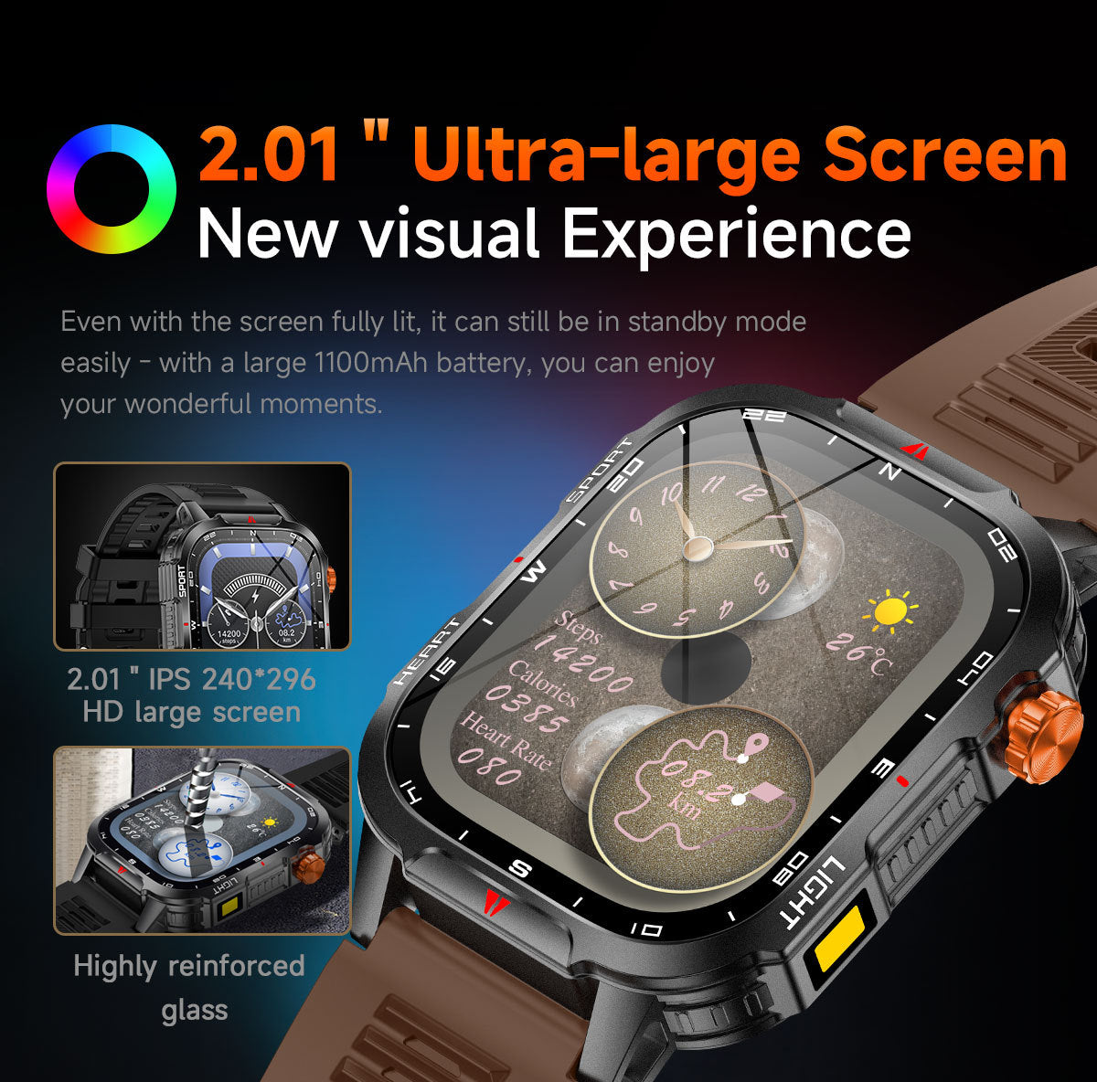 Rugged Outdoor Smart Watch for Men - 1100mAh Extra Long Battery with LED Flashlight & Compass - 2.01" HD Screen Bluetooth Calling IP68 Waterproof Fitness Tracker - Camouflage Color