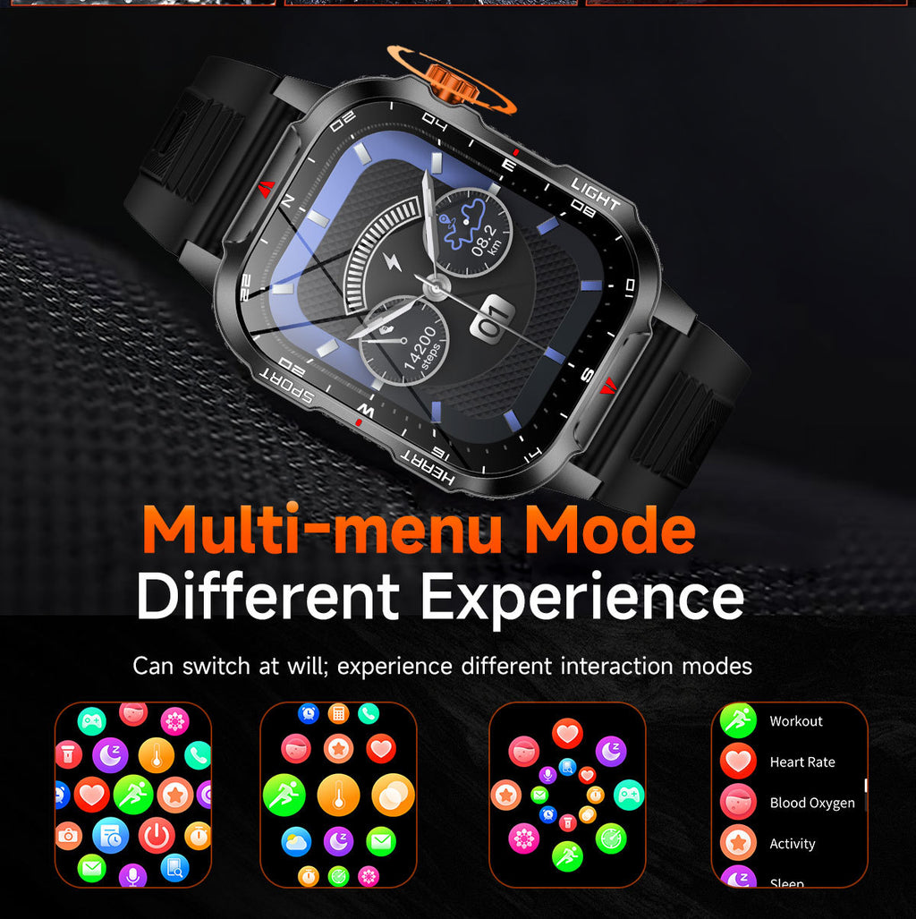 Rugged Outdoor Smart Watch for Men - 1100mAh Extra Long Battery with LED Flashlight & Compass - 2.01" HD Screen Bluetooth Calling IP68 Waterproof Fitness Tracker - Camouflage Color