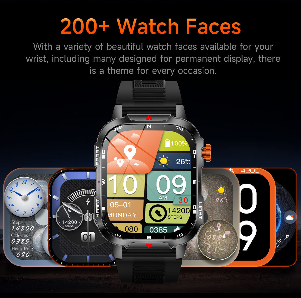 Rugged Outdoor Smart Watch for Men - 1100mAh Extra Long Battery with LED Flashlight & Compass - 2.01" HD Screen Bluetooth Calling IP68 Waterproof Fitness Tracker - Camouflage Color