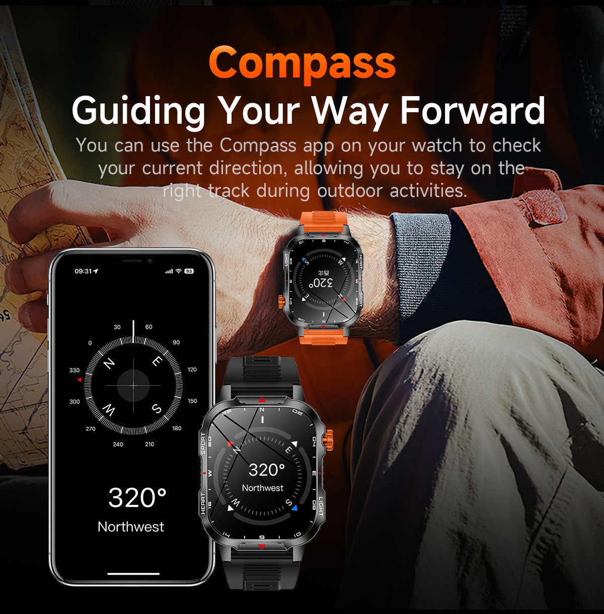 Rugged Outdoor Smart Watch for Men - 1100mAh Extra Long Battery with LED Flashlight & Compass - 2.01" HD Screen Bluetooth Calling IP68 Waterproof Fitness Tracker - Orange