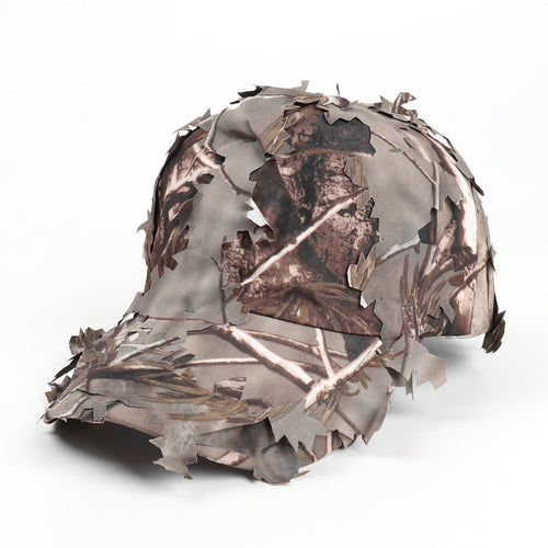 3D leaf camo baseball cap in brown and gray, curved brim, shredded leaf texture