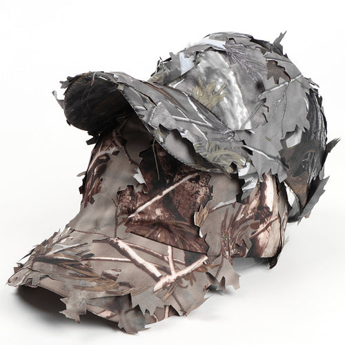3D leaf camo baseball cap, brown-gray pattern, side view, frayed leaf panels