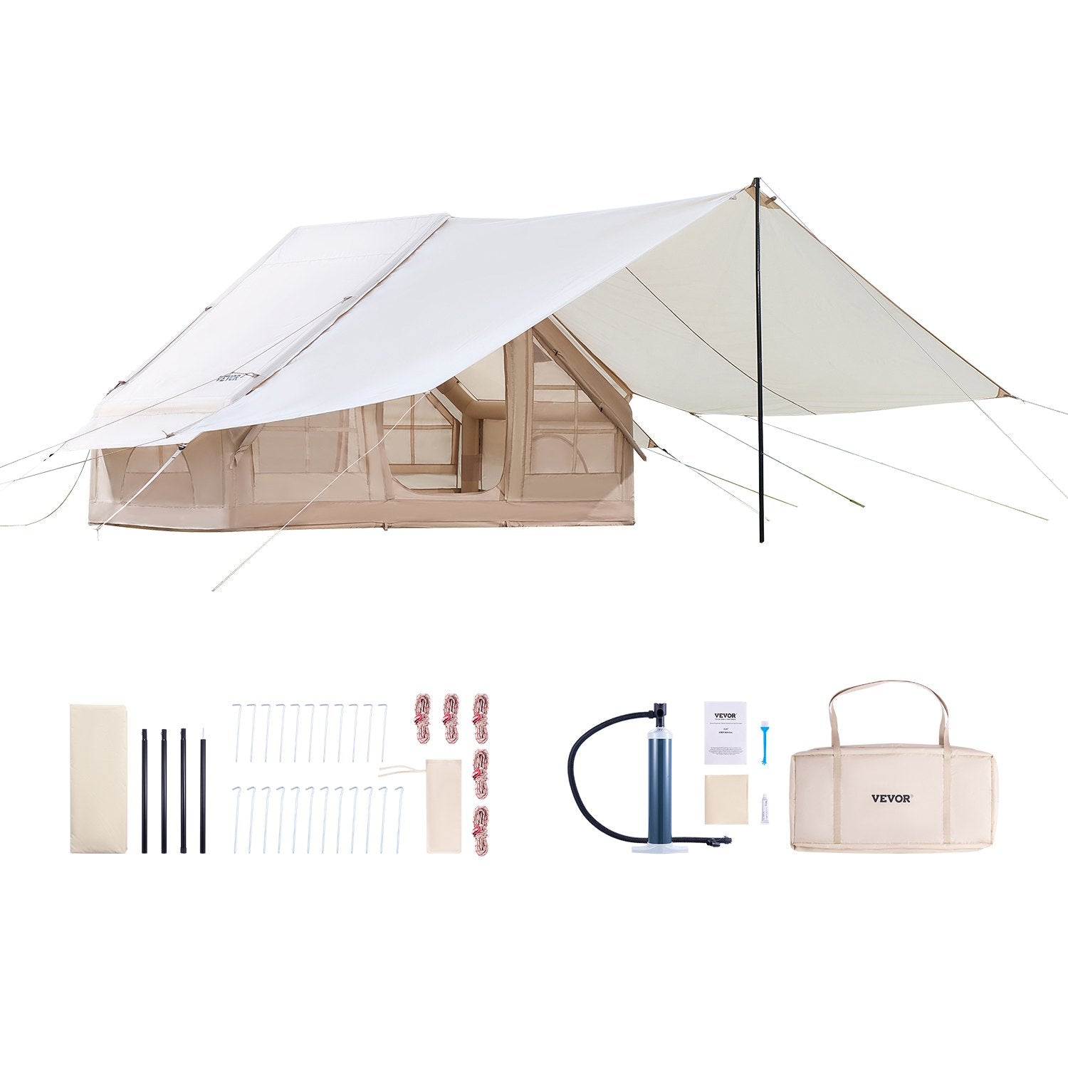 Inflatable Tents for Camping, 3-5 Person Easy Setup Blow up Tent with Hand Pump, 300D Oxford 4 Season Glamping Tent with Canopy, Stove Jack, 2 Doors & 2 Mesh Windows (Storage Bag Included)
