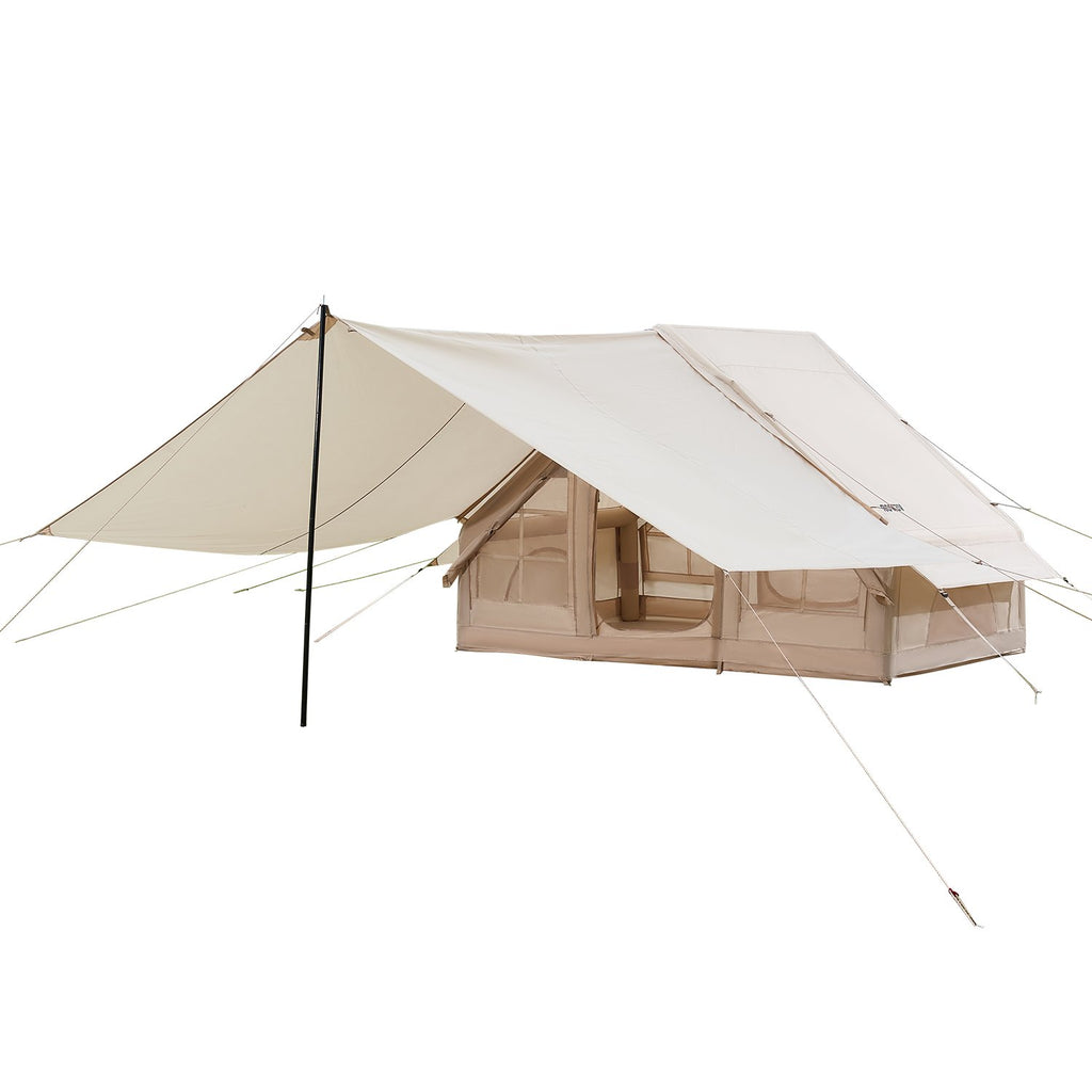 Inflatable Tents for Camping, 3-5 Person Easy Setup Blow up Tent with Hand Pump, 300D Oxford 4 Season Glamping Tent with Canopy, Stove Jack, 2 Doors & 2 Mesh Windows (Storage Bag Included)